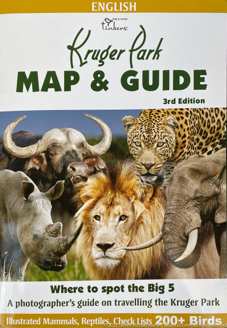 Cover of the English Kruger Park Map & Guide, 3rd Edition, illustrated with buffalo, leopard, rhino, lion, and elephant.