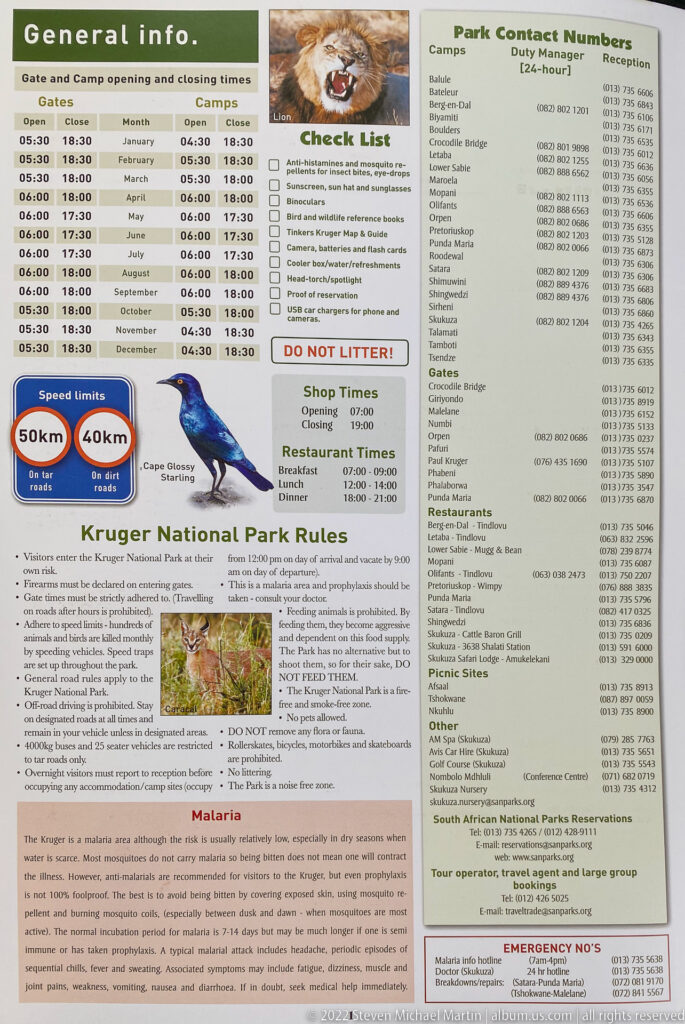 Printed Kruger visitor-information page with gate times, speed limits, rules, contact numbers, facilities, and malaria guidance.