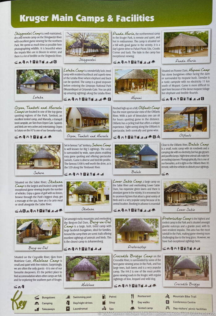 Printed guide page showing photographs and descriptions of Kruger National Park camps with a facilities symbol key.