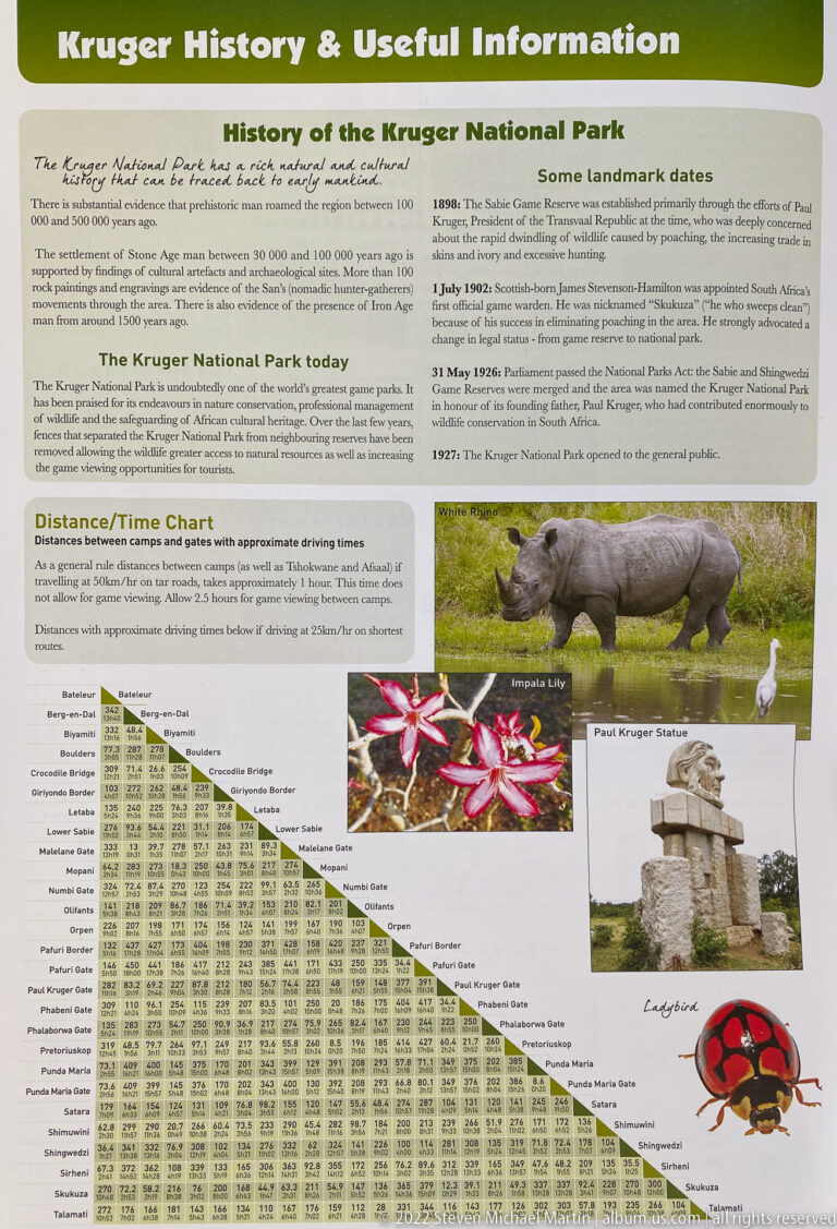 Kruger guide page with park history, landmark dates, distance chart, rhinoceros, flowers, ruins, and insect illustrations.