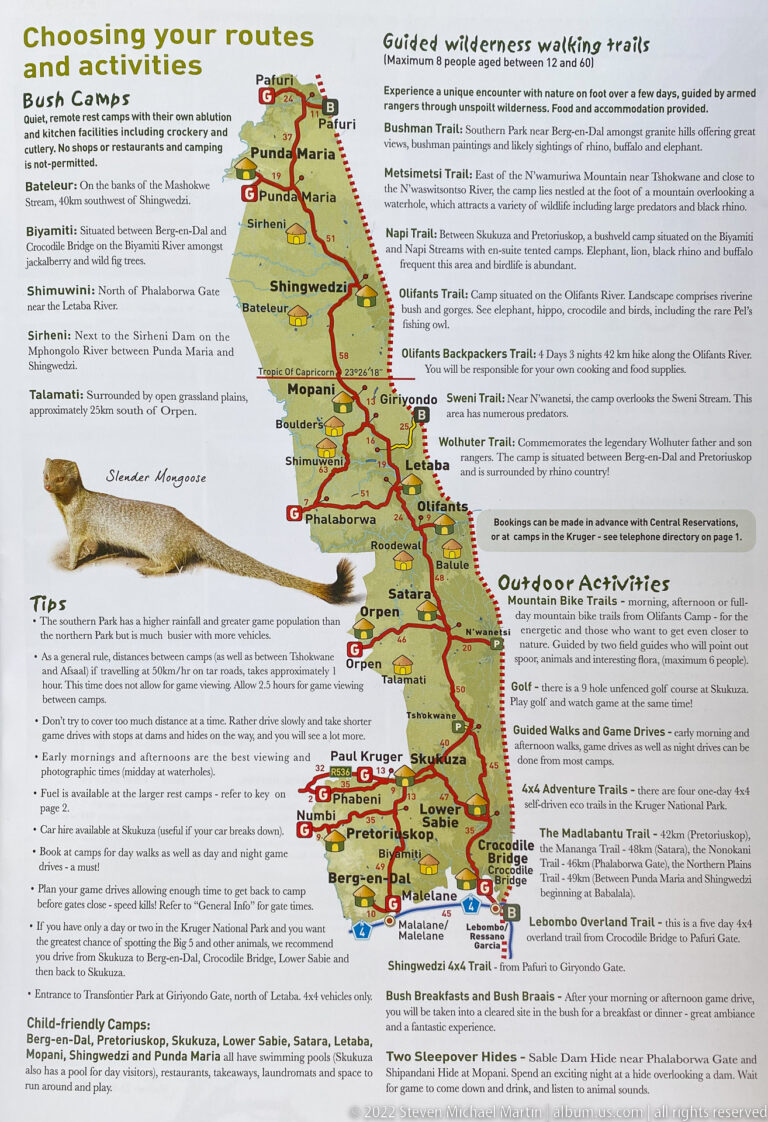 Kruger National Park map with colored routes, camp names, wilderness trail information, and outdoor-activity text.
