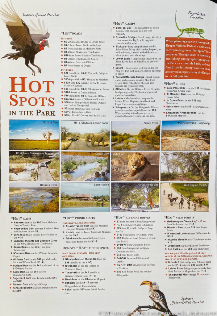 Printed 'Hot Spots in the Park' page with seasonal wildlife-viewing tips and photographs of animals, rivers, and waterholes.