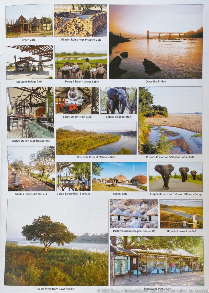 Guidebook montage of labeled Kruger camps, gates, bridges, rivers, buildings, and woodland landscapes.