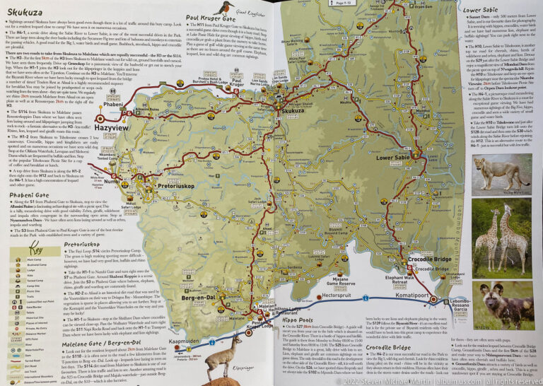 Detailed map of southern Kruger National Park with roads, camps, gates, rivers, towns, and wildlife illustrations.