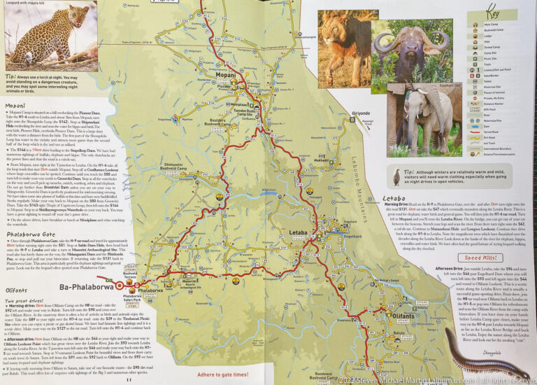 Kruger road map around Mopani, Letaba, and Phalaborwa with wildlife photographs and regional travel notes.