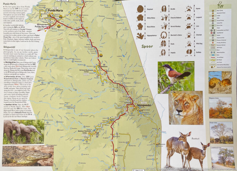 Northern Kruger map beside animal-track diagrams and wildlife illustrations including mammals, birds, reptiles, and landscapes.