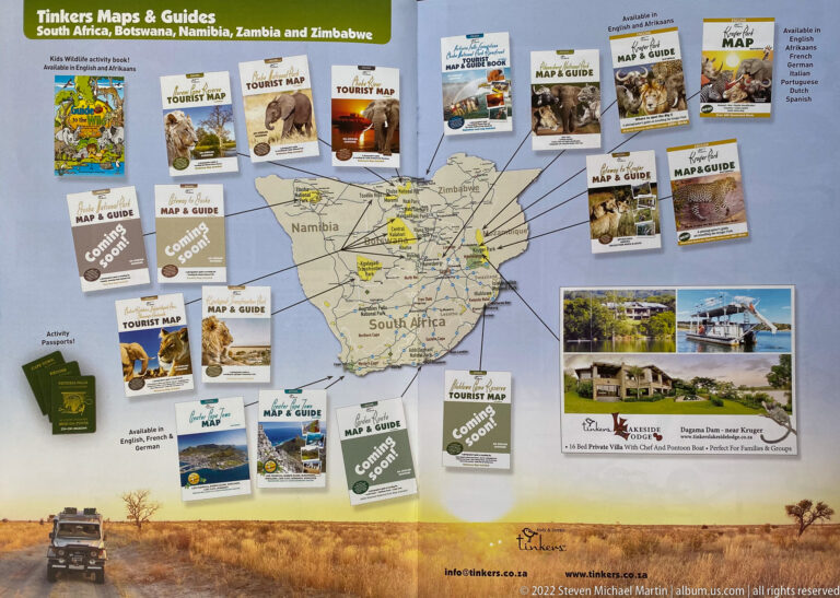 Advertisement showing many Tinkers map and guide covers arranged around a map of southern Africa.