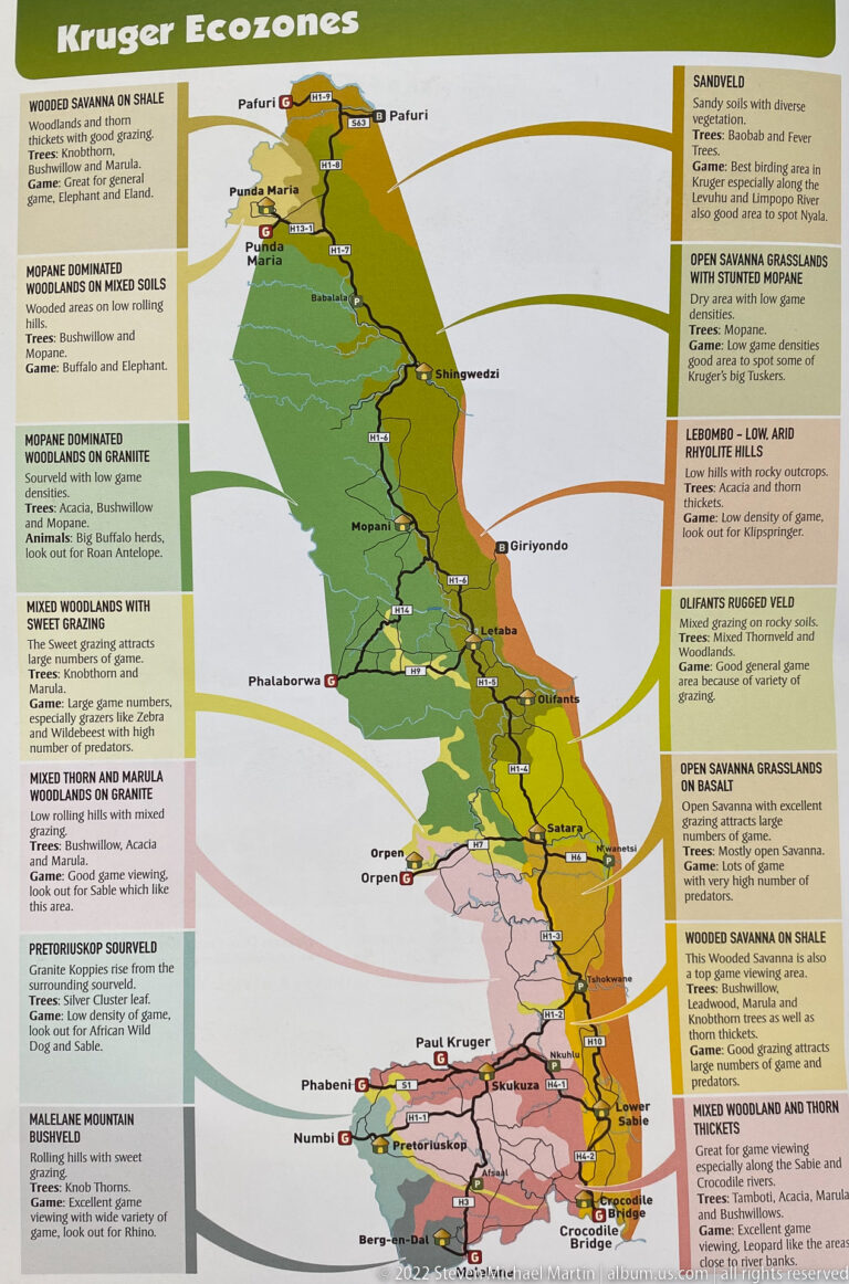 Color-coded Kruger National Park ecoregions map with vegetation-zone descriptions arranged along both sides.
