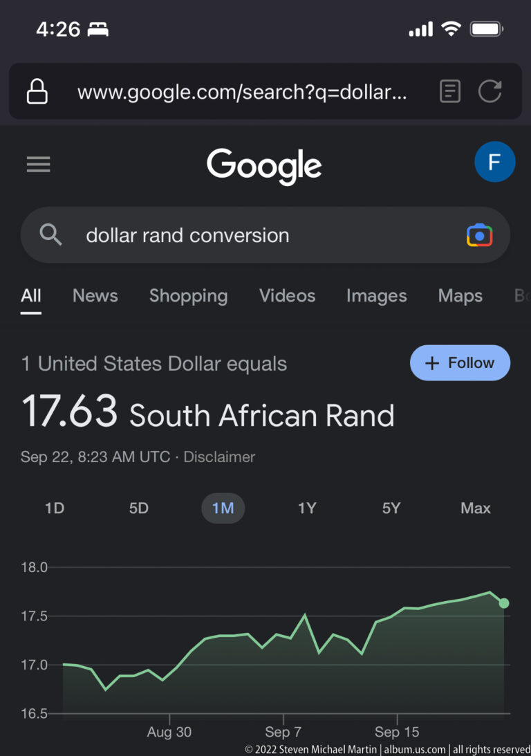 Mobile Google screen showing one United States dollar equal to 17.63 South African rand.