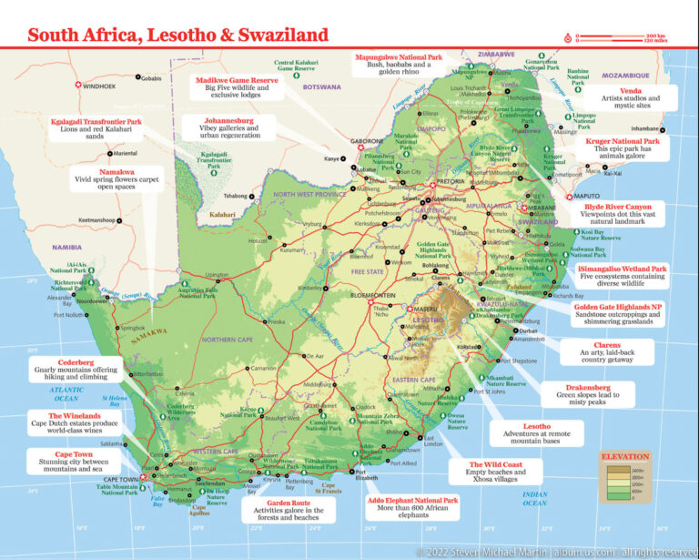 Tourist map of South Africa with national parks, roads, cities, reserves, and destination callouts.