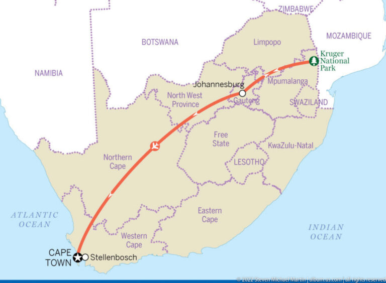 Map of South Africa with a red route connecting Cape Town and Kruger National Park.