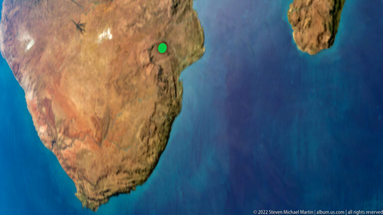 Satellite-style map of southern Africa with a green marker in northeastern South Africa.