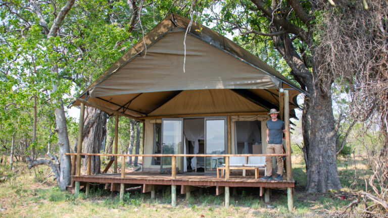Guest standing on the veranda beside a raised canvas safari tent under trees.