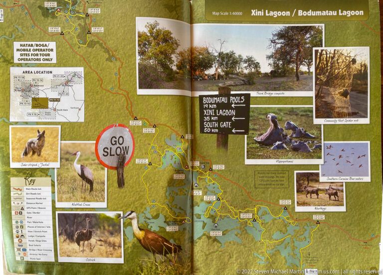 Illustrated map of Xini Lagoon and Bodumatau Lagoon with roads, waterways, wildlife photographs, and a red Go Slow sign graphic.