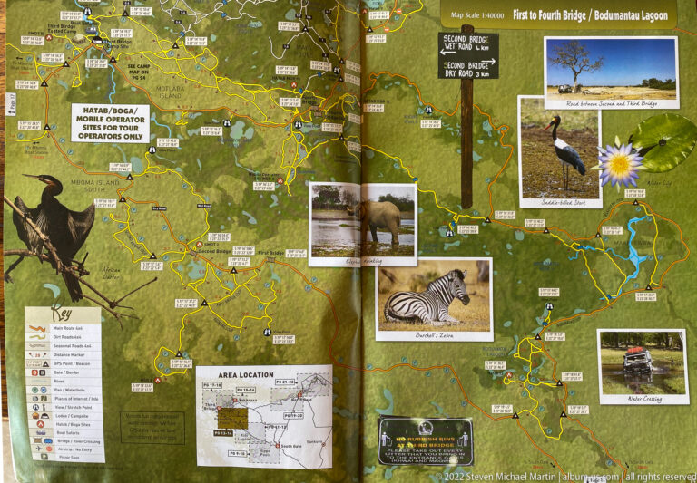 Moremi route map for Bodumatau Lagoon and First to Fourth Bridge with elephant, zebra, crocodile, bird, and bridge photographs.