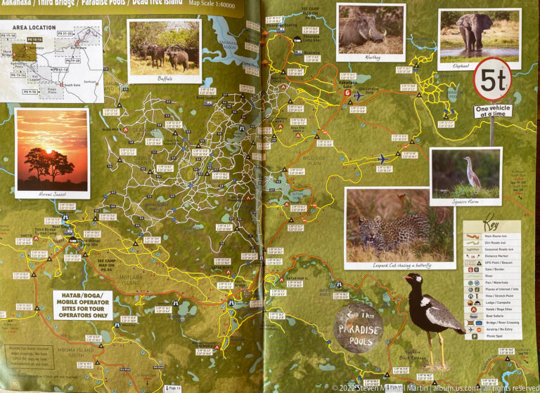 Moremi map spread with roads, waterways, wildlife photographs, a five-ton vehicle sign, and visitor-access information.