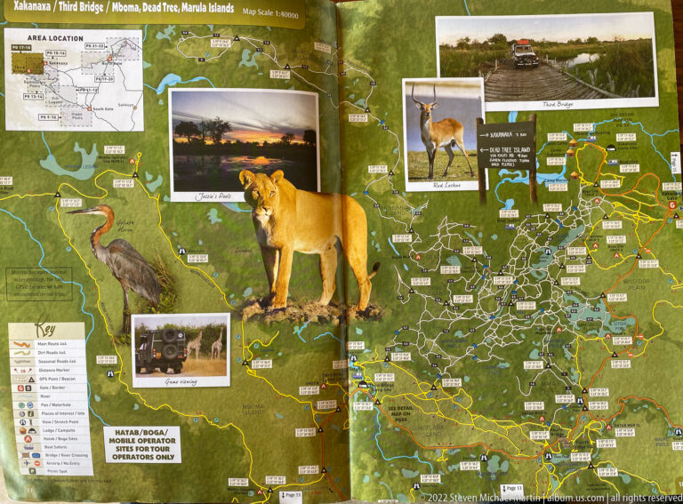 Moremi map for Xakanaxa and Third Bridge with a large lion image, smaller wildlife photographs, roads, channels, and campsite markers.