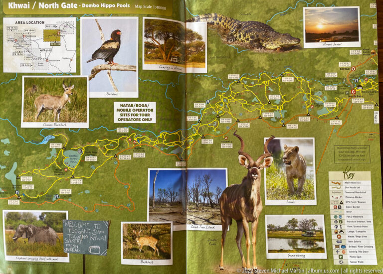 Map of Khwai, North Gate, and Dombo Hippo Pools with kudu, lion, elephant, bird, reptile, and landscape photographs.