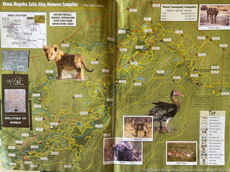 Map of Khwai, Magotho, Sable Alley, and Matswere campsites with hyena, buffalo, hippopotamus, bird, roads, and waterways.