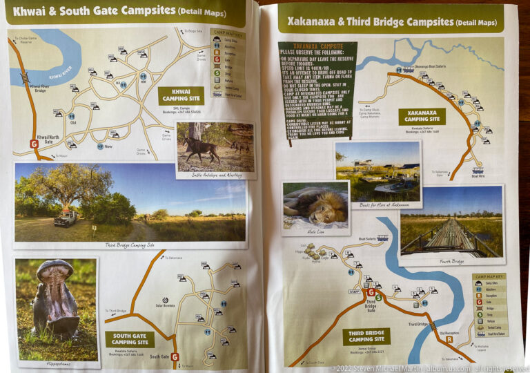 Detailed campsite maps for Khwai, South Gate, Xakanaxa, and Third Bridge with road diagrams and small photographs.