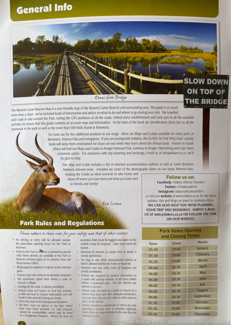 Moremi Game Reserve guide page with bridge photograph, antelope images, park rules, opening hours, and general information text.