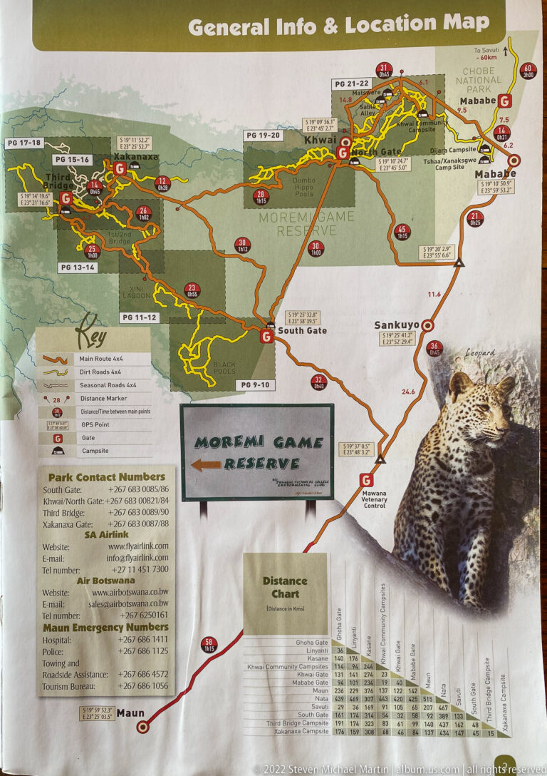 Folded Moremi Game Reserve location map with roads, reserve boundaries, contact information, and a leopard photograph.