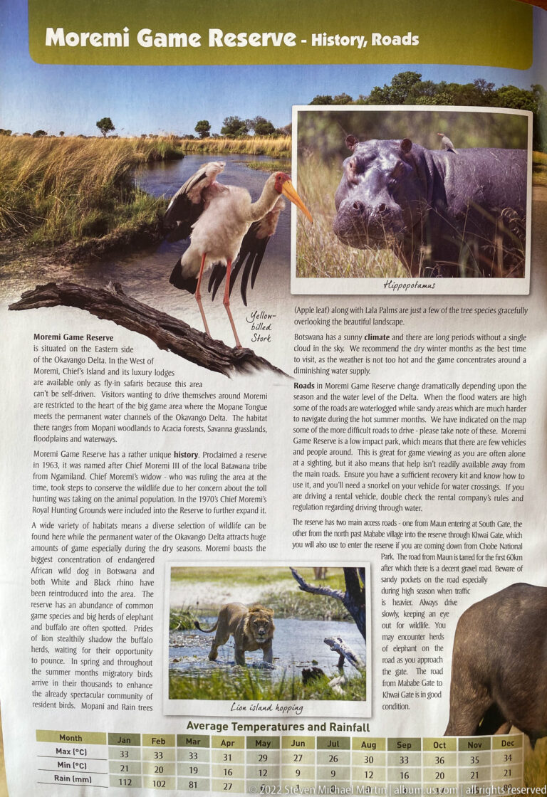 Moremi Game Reserve guide page with historical text, wildlife photographs, road information, and a temperature and rainfall table.