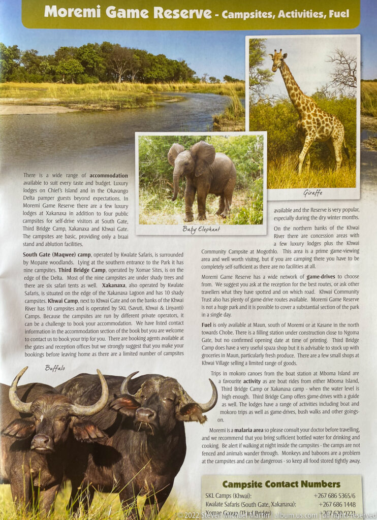 Moremi Game Reserve guide page with giraffe, elephants, buffalo, campsite information, activities, fuel, and contact details.