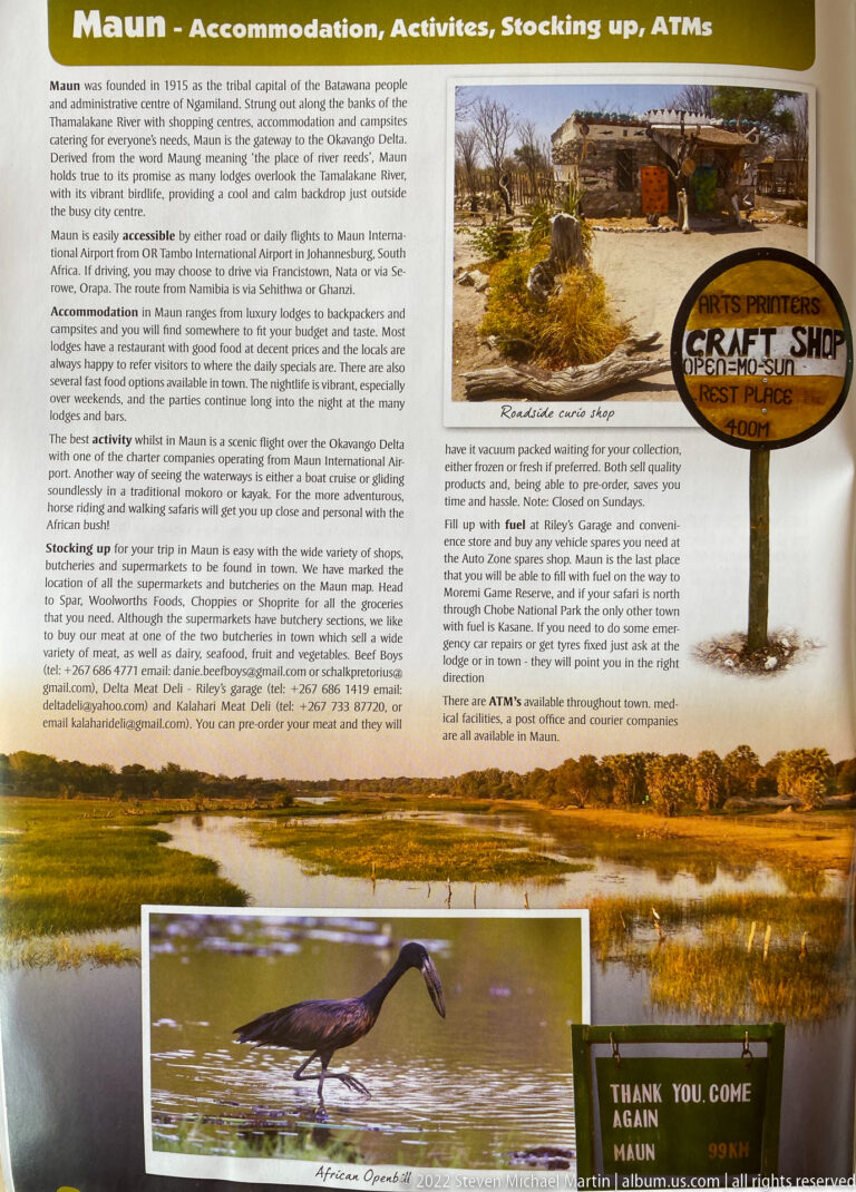 Maun travel guide page with accommodation and activity information, craft-shop sign, street scene, wetlands, and a wading bird.