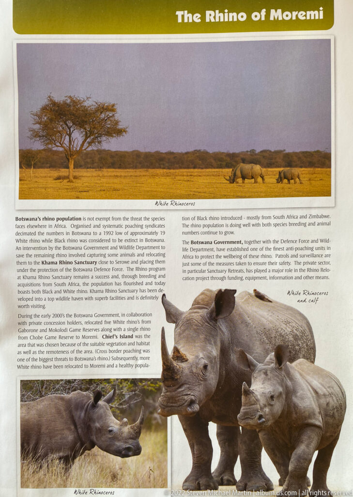 Guide page titled The Rhino of Moremi with black rhinoceros photographs, including adults and a calf, plus conservation text.