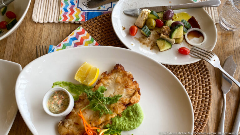 Golden-browned fish fillet plated with green purée, lemon wedges, garnish, sauce, and a side salad nearby.