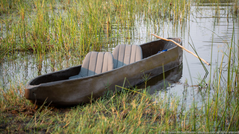 Mokoro canoe with two padded seats resting beside reeds in shallow wetland water, with a long pole across the bow.