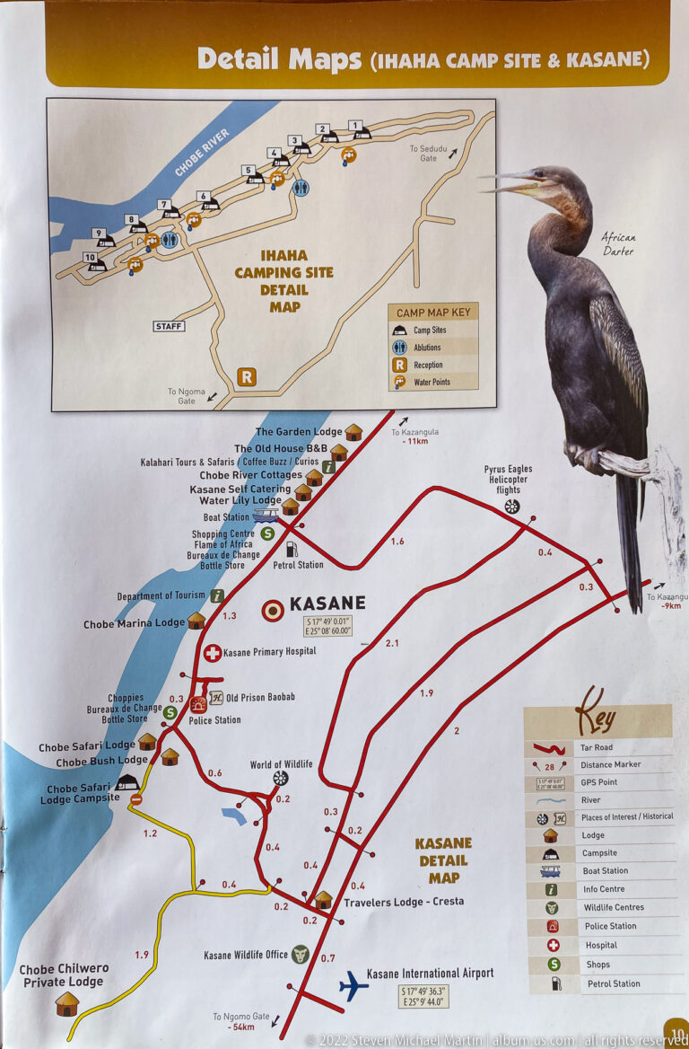 Guide map page showing Kasane roads, Chobe Riverfront access, Ihaha campsite layout, landmarks, and a large waterbird illustration.