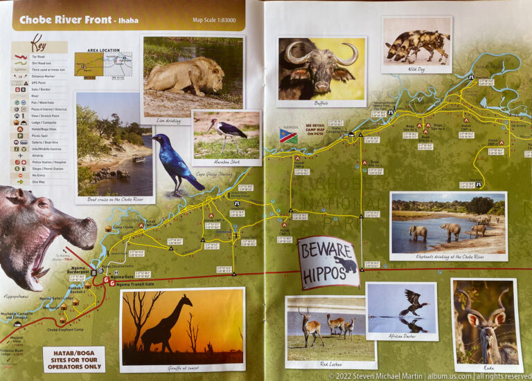 Chobe Riverfront map surrounded by wildlife illustrations, numbered routes, river channels, and a Beware Hippos warning.
