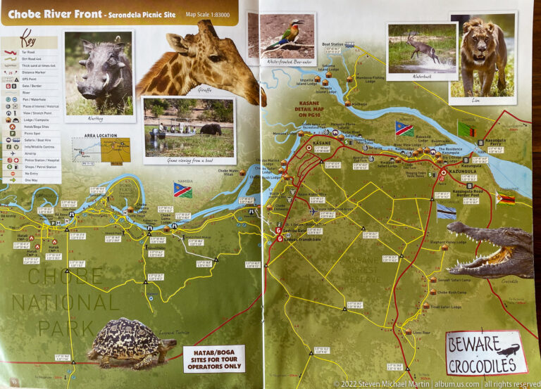 Chobe National Park map with roads, river routes, wildlife pictures, and a Beware Crocodiles notice.