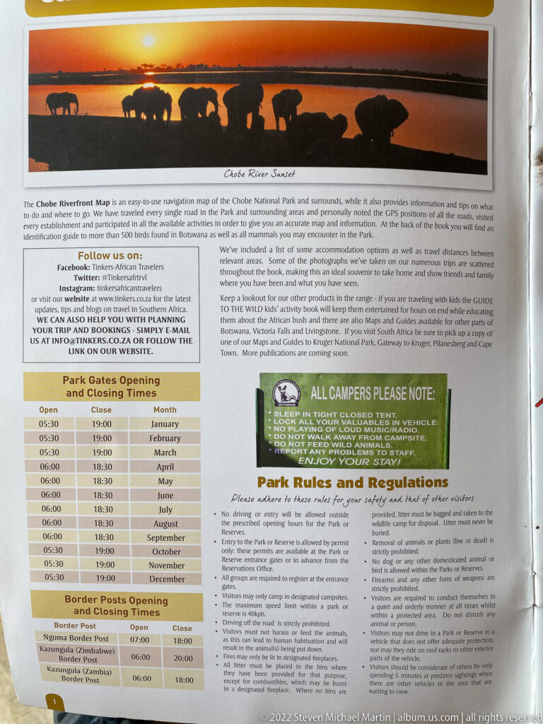Open guidebook page with Chobe Riverfront information, opening times, park rules, border hours, and camper notices.