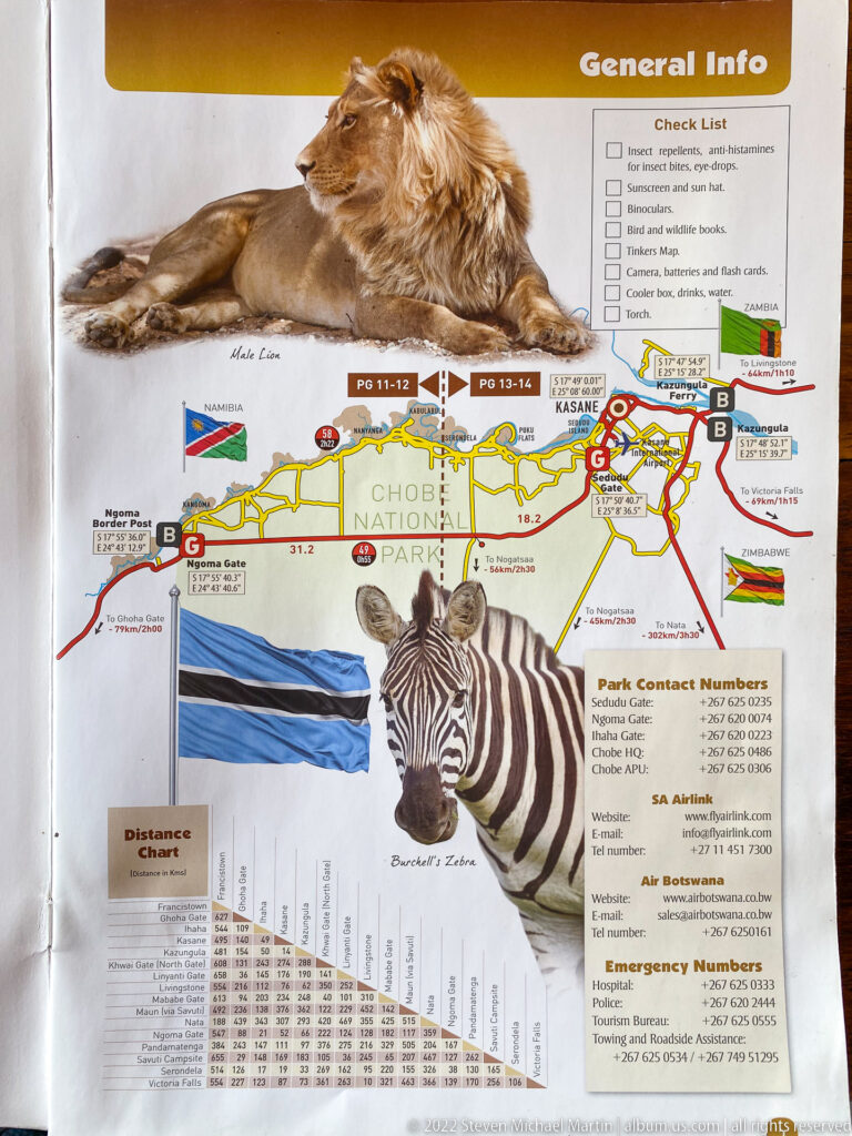 Guidebook page with Chobe National Park and Kasane map, lion and zebra illustrations, contacts, and distance chart.