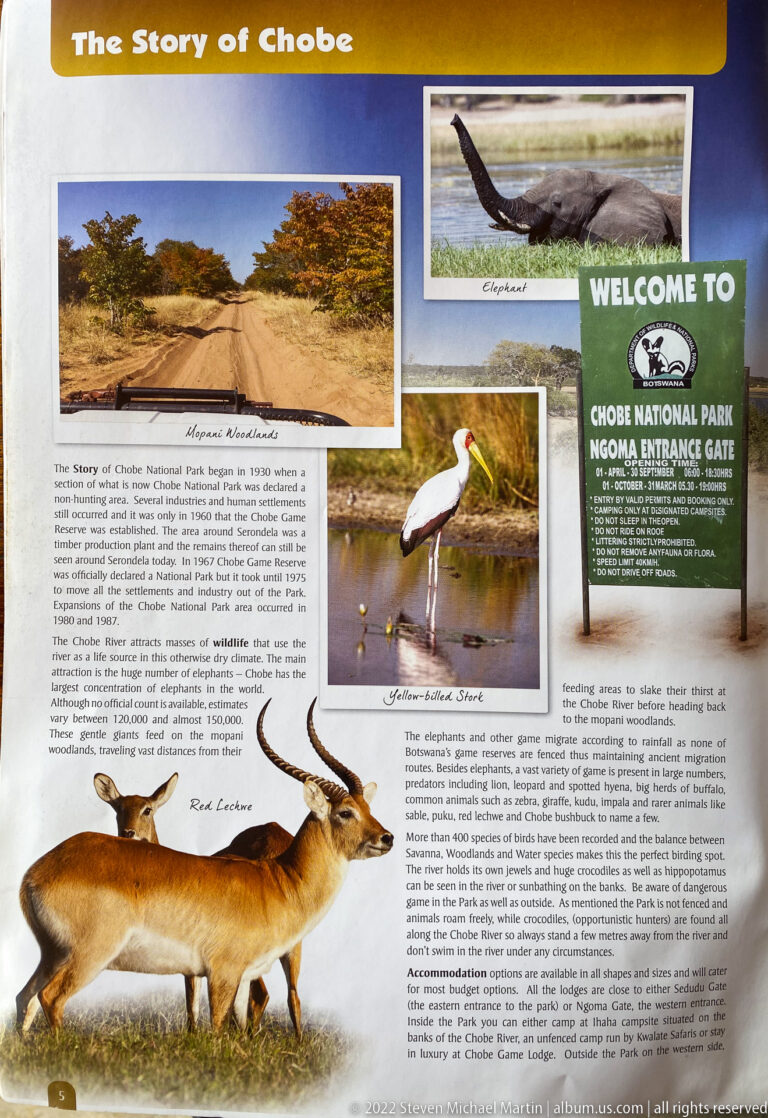 Guide page titled The Story of Chobe with elephant, yellow-billed stork, red lechwe, woodland, and Ngoma entrance sign.