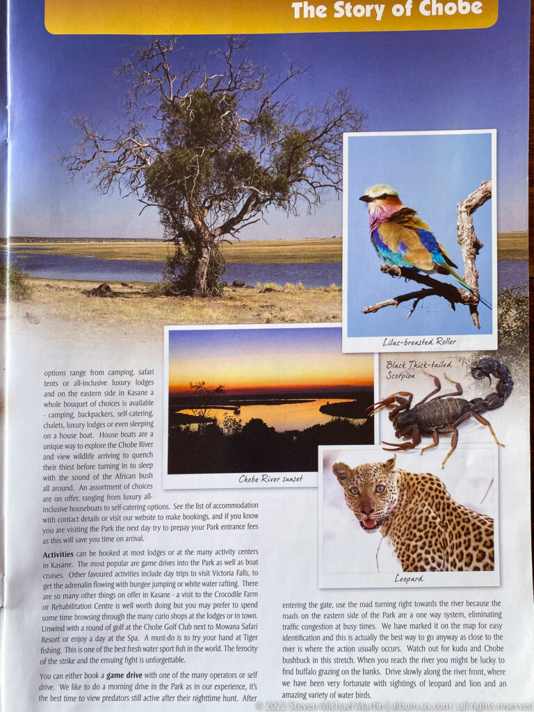 The Story of Chobe guide page with river landscape, lilac-breasted roller, sunset, leopard, and small mammal insets.