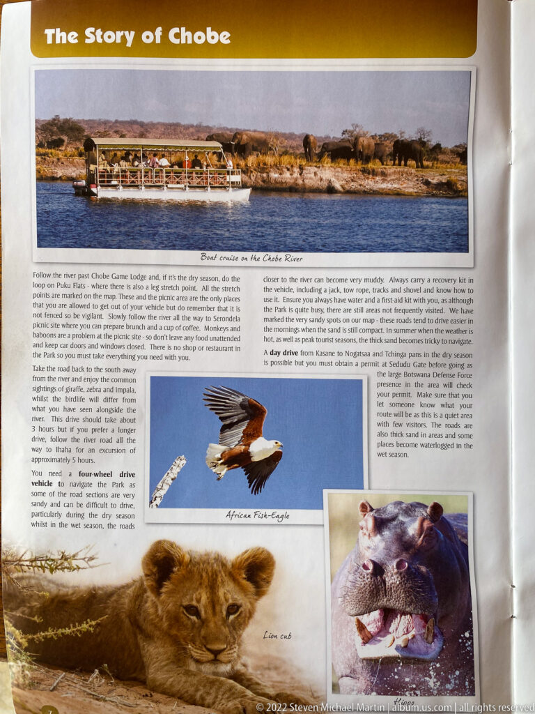 Guide page titled The Story of Chobe with river tour boat, African fish eagle, lion, and hippopotamus.