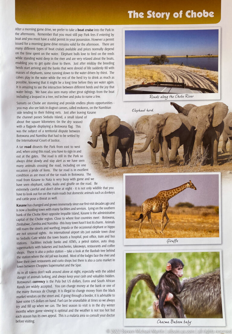 The Story of Chobe guide page with elephant herd, Chobe River floodplain, giraffe, and young baboon images.