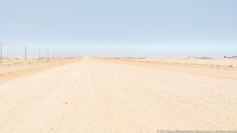 Straight pale gravel road disappearing into the desert horizon, with utility poles receding along the left side.