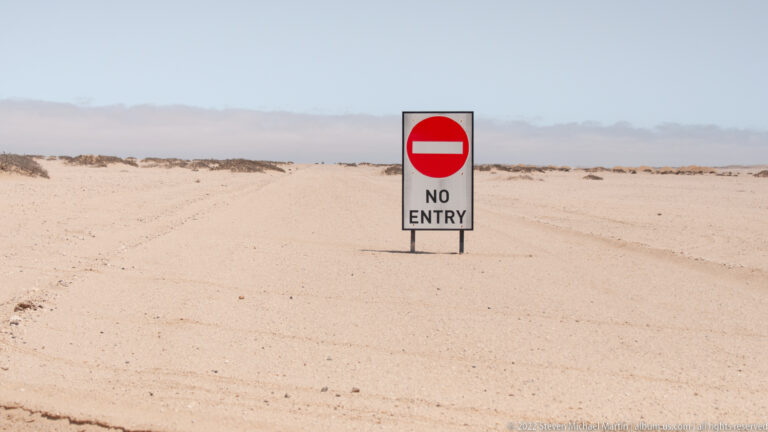 Red-and-white NO ENTRY sign standing on a sandy track amid low pale dunes and sparse desert vegetation.