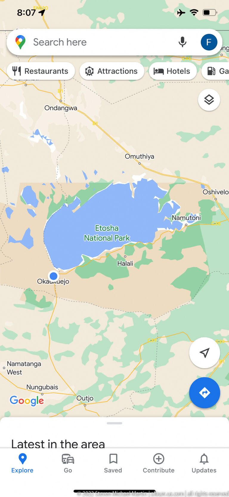 Smartphone Google Maps screen centered on Etosha National Park and the large Etosha Pan.