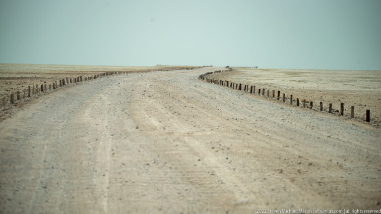 Straight gravel road bordered by short posts recedes across a pale, nearly vegetation-free salt-pan landscape.