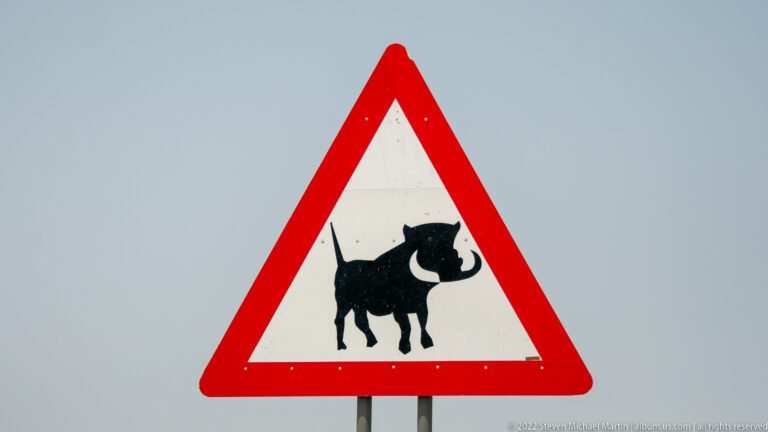 Red-bordered triangular warning sign with a black warthog silhouette against a pale sky.