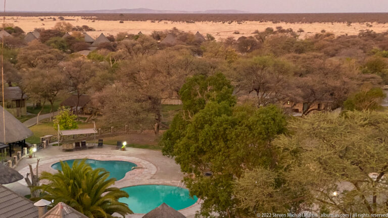Two turquoise swimming pools among palms, shade trees, paths, and low buildings at Okaukuejo.