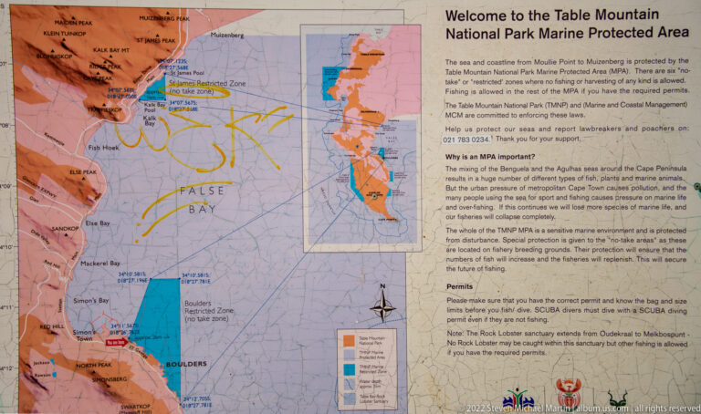 Visitor map and text panel for the Table Mountain National Park Marine Protected Area around the Cape Peninsula.