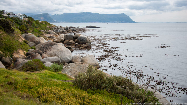 Rounded coastal boulders, dense kelp beds, calm False Bay water, and a distant mountain ridge under clouds.