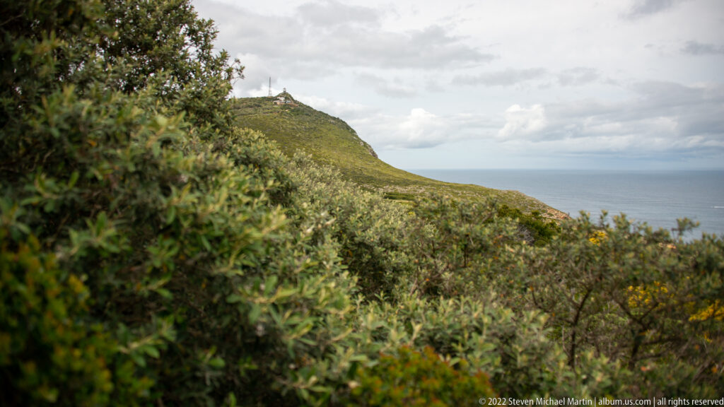 Dense green fynbos covering a mountain slope, with a small summit structure and a narrow band of sea beyond.